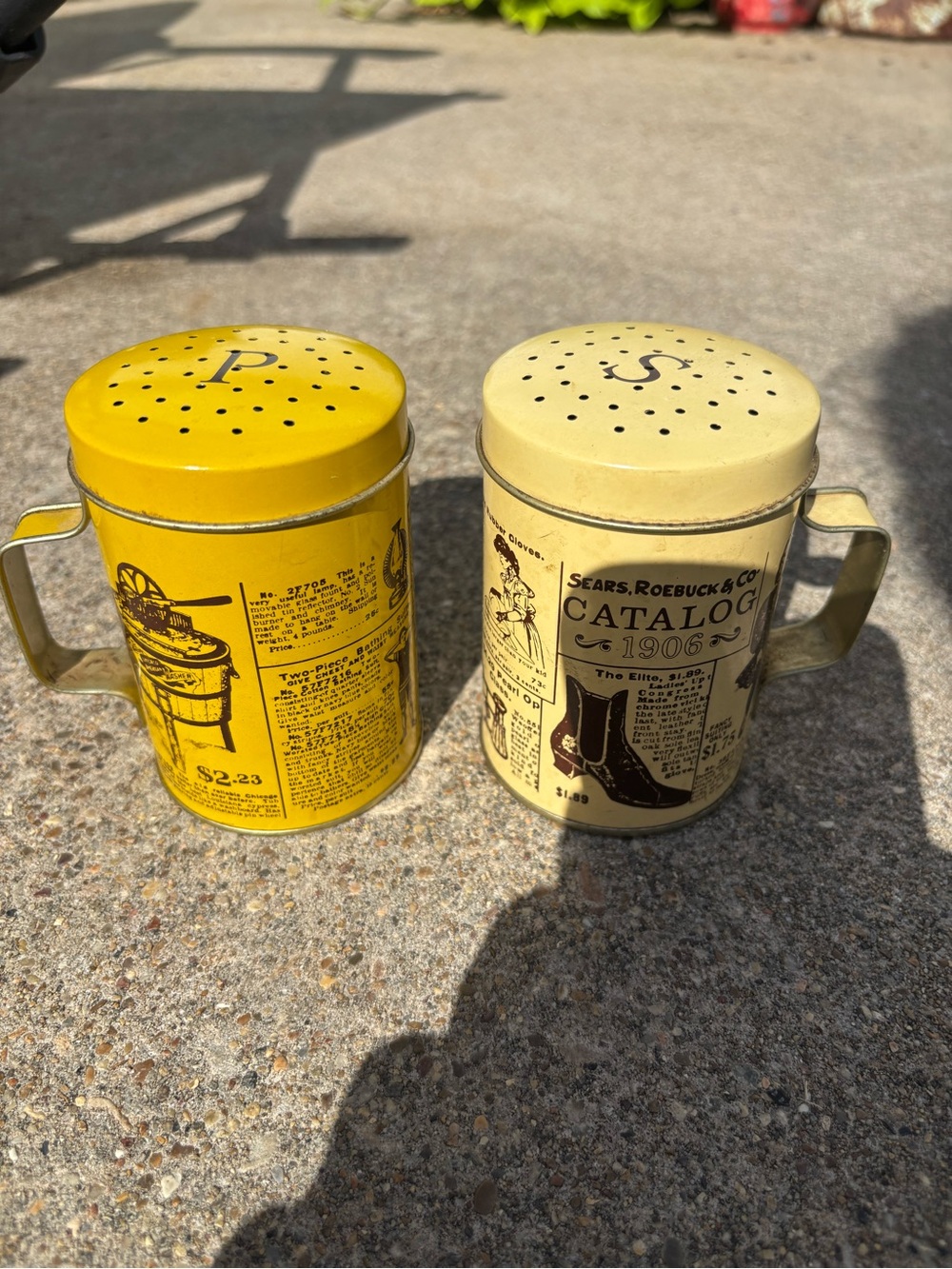 Vintage Yellow and Cream Metal Catalog-Print Salt & Pepper Shakers by Vintage